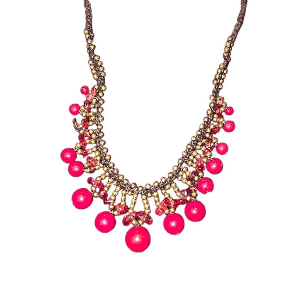 Handmade Knotted Brass Bead Bib Necklace Red Drop Beads Boho Tribal Statement - Picture 12 of 16